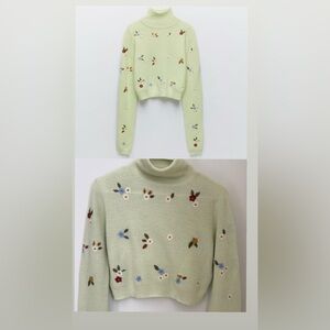Zara Pastel Green Embroidered Turtleneck Sweater US Size: L